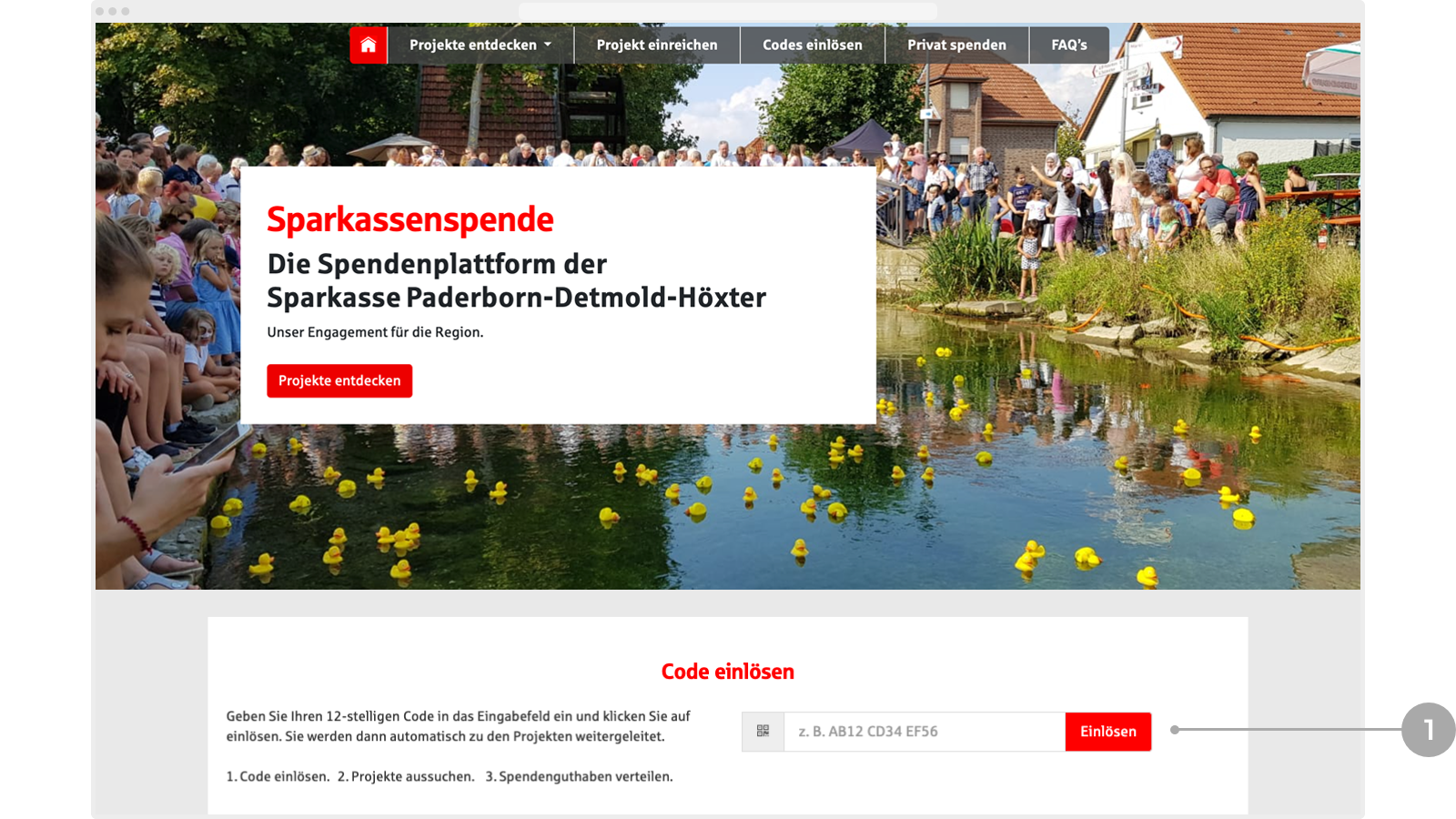 Abbildung: Eingabefeld für den Code auf der Startseite mit 'Einlösen'-Button.